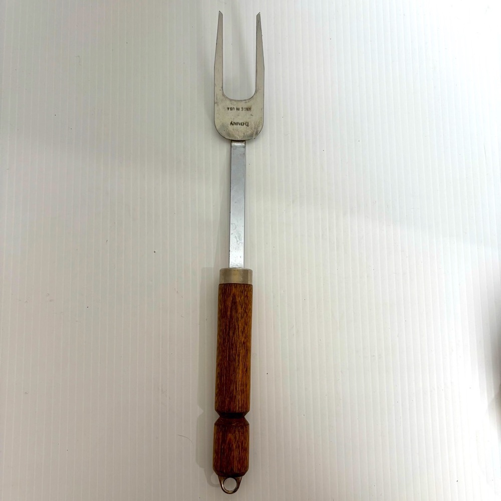 Vintage Bonny 2 Prong Meat Utility Turning Fork 12” Wooden Handle USA